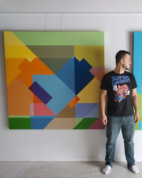 2018 - 60in Original Painting "Blue Triangle" - Love Metrix Solo Exhibition by Matthew Del Degan