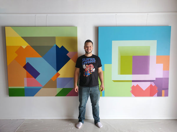 2018 - 60in Original Painting "Blue Triangle" - Love Metrix Solo Exhibition by Matthew Del Degan